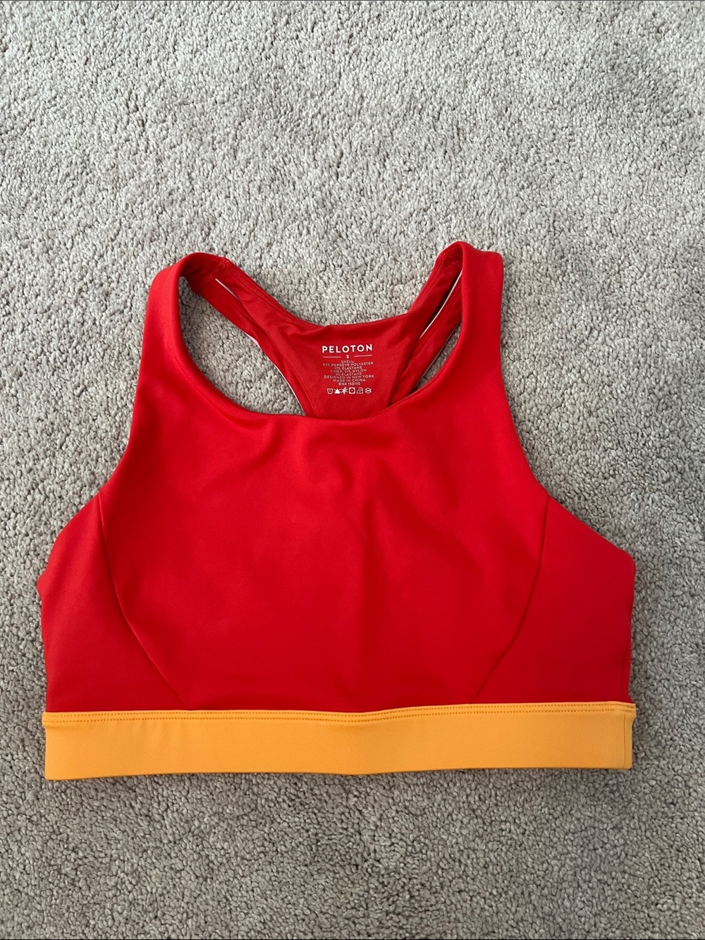 Peloton Red Sports Bra with Yellow Band